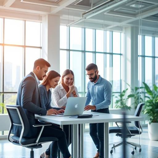 A modern office space with people collaborating, showcasing corporate promotional video.