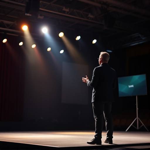 A person giving a presentation on stage, highlighting event videography.