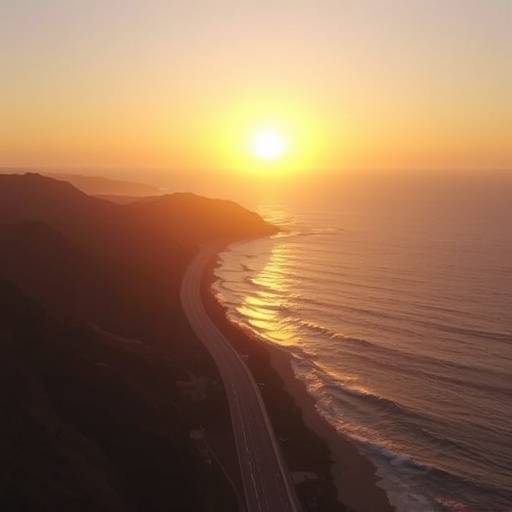 Aerial view of California's Pacific Coast Highway at sunset, showcasing a travel video for 'Explore California'.
