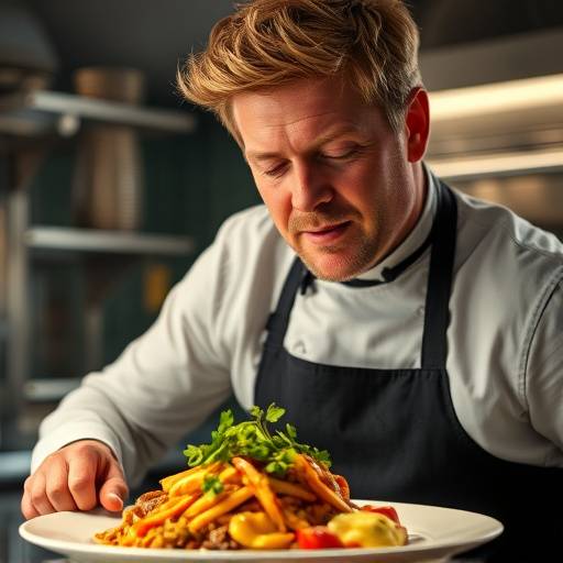Close-up shot of Chef Ramsey skillfully preparing a gourmet dish in a modern kitchen, showcasing a food video for 'Ramsey's Kitchen'.