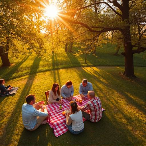 Family enjoying a picnic in a park with a drone flying overhead, showcasing a promotional video for 'Community Parks Initiative'.