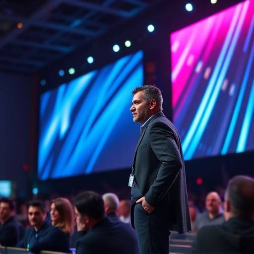 Speaker confidently presenting on stage at a tech conference, representing event videography for 'Global Tech Summit'.