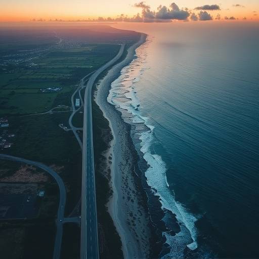 Stunning aerial shot of a coastal highway, showcasing travel video production.