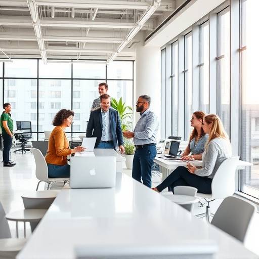 Team collaborating in a bright and modern office, representing a corporate video for 'InnovateTech Solutions'.